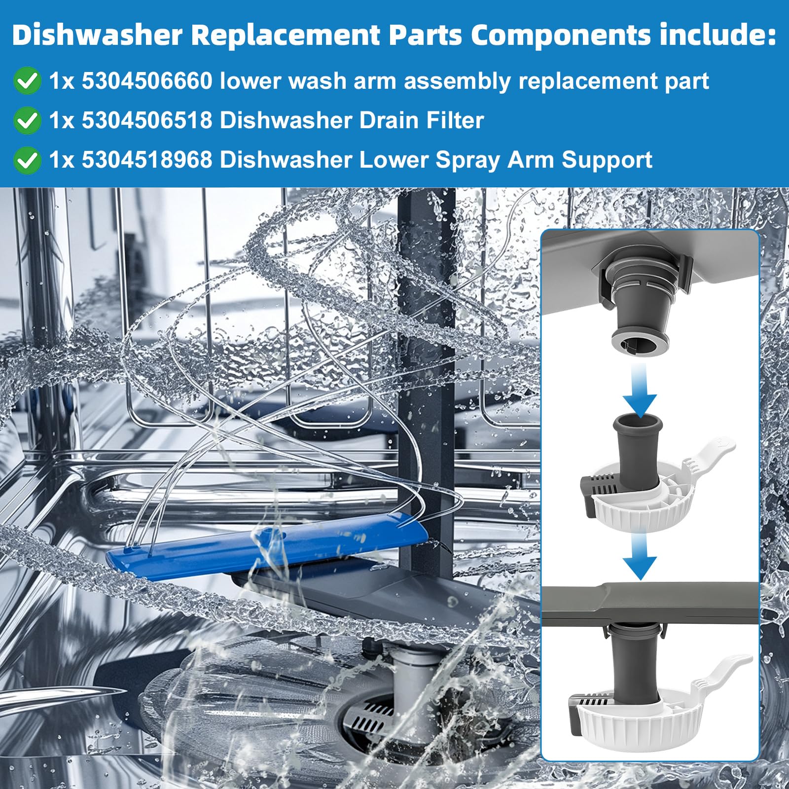 5304506660 Dishwashers Lower Wash Arm with 154294101, 154252701 Assembly for Frigidaire Dishwashers Spray Arm Replaces 5304496886 5304506532 5304507040 154830303